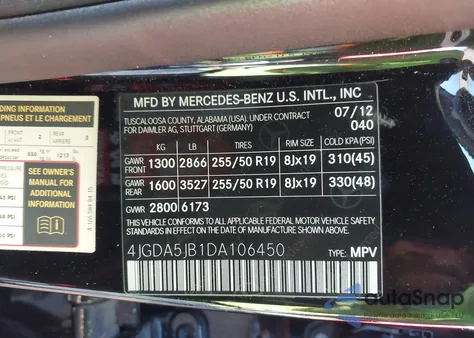 2013 Mercedes-Benz Ml 350 from USA, damaged, VIN 4JGDA5JB1DA106450
